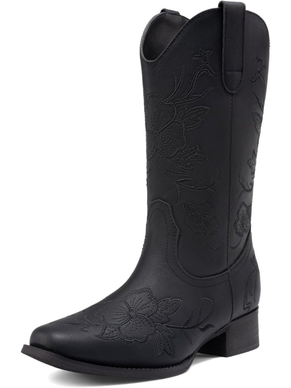 Women's All Black Faux Leather Chunky Low Heel Square Toe Western Cowgirl Boots